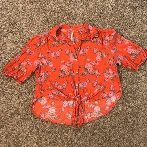 Free People Red Floral Button-Down Tie Front Shirt